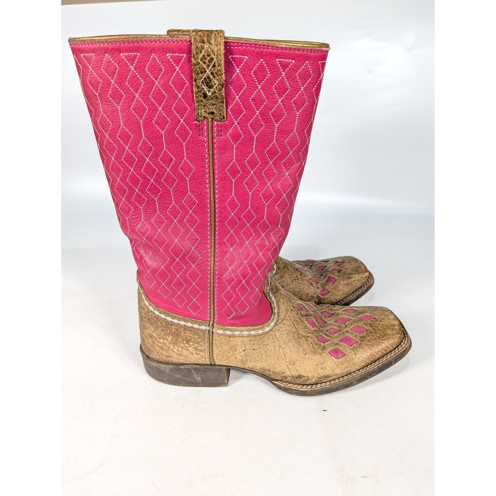 Ariat Quickdraw Pink Tan Leather Square Toe Western Cowboy Boots Womens 6